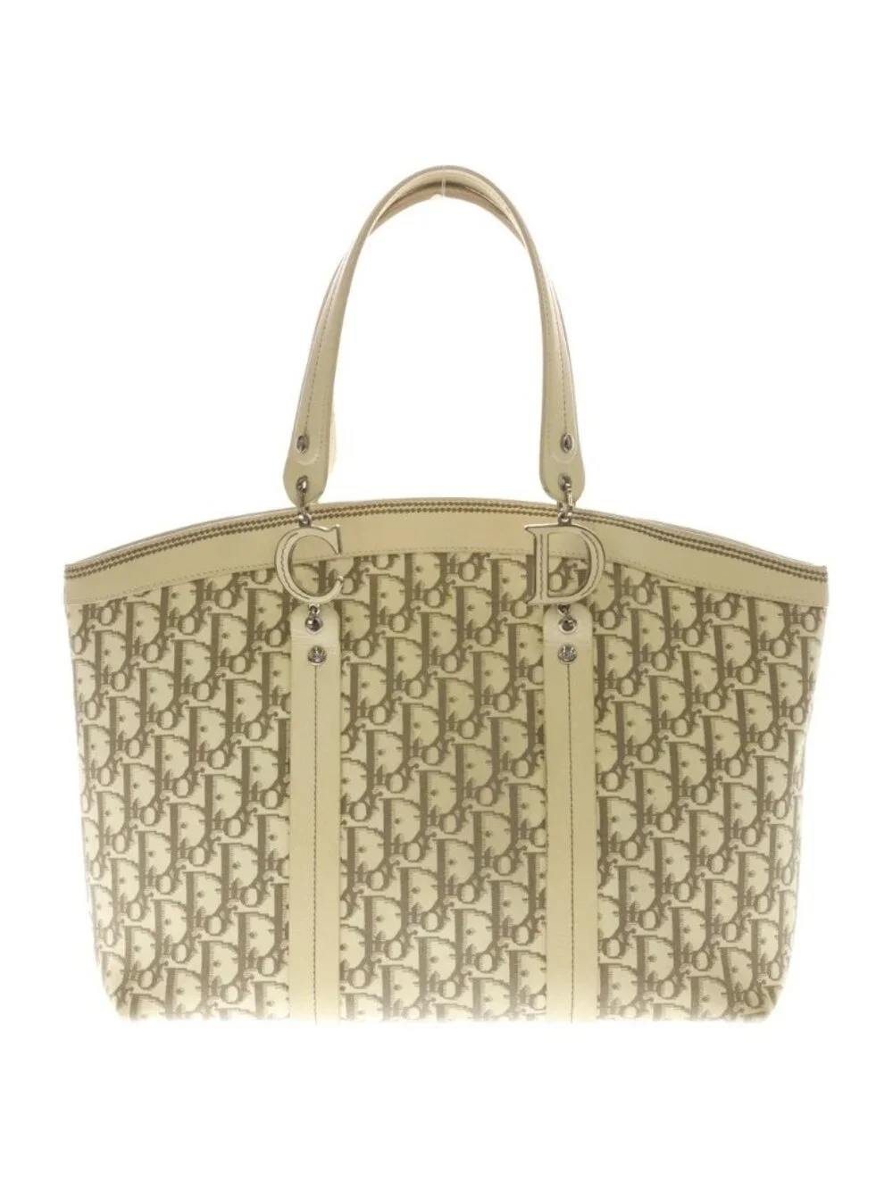 Dior Trotter Flower Embroidery Tote Ivory Leather Silver